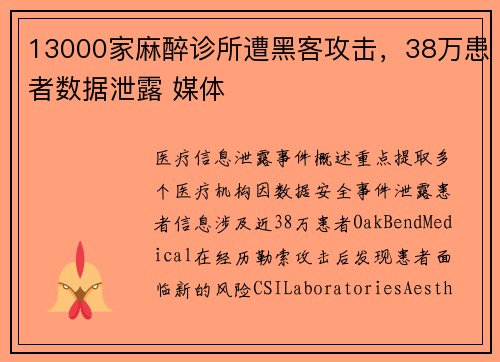 13000家麻醉诊所遭黑客攻击,38万患者数据泄露 媒体 13000家麻醉诊所遭黑客攻击,38万患者数据泄露 媒体